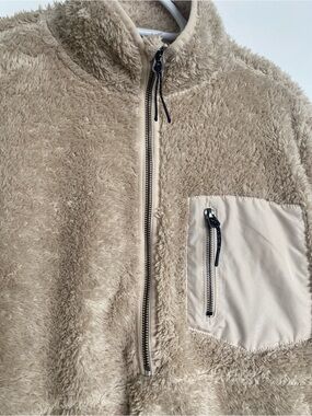 Only Women's Beige/Tan Fuzzy Half-Zip Sweater with Zip Pocket